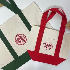 LOT Set of 2 — Trader Joe’s Canvas Tote Bag Full Size GREEN + Mini RED — NEW NWT